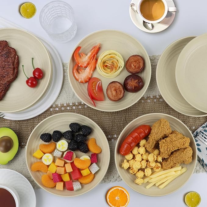Wheat Straw Dinner Plates Set of 8, 10 Inch Beige, Lightweight & Unbreakable, Microwave & Dishwasher Safe Kids Plates