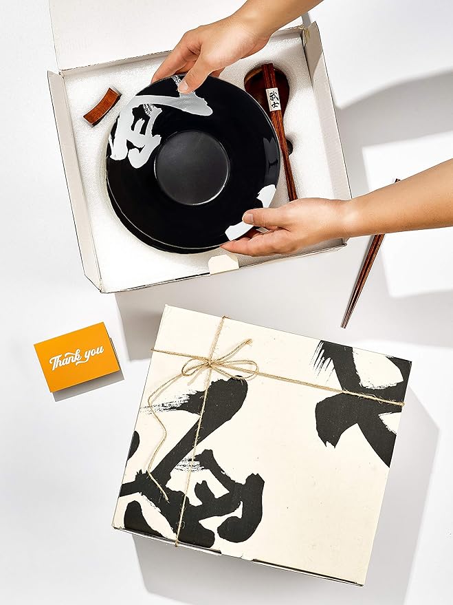 Japanese Ceramic Ramen Bowl Set, 60oz Large Ramen Bowls with Chopsticks, Spoons and Chopstick Rests – Bowl for Ramen, Pho, Salad, Poke, Soup, Udon – Minimalist Design, Premium Quality, Black