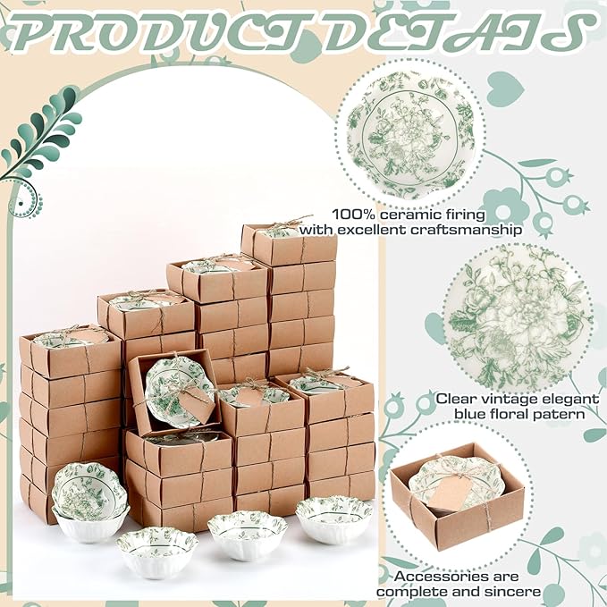 96 Pcs Wedding Favors for Guests Small Ceramic Bowl Bulk Gifts Set 3.3 Inch Floral Design Mini Dipping Sauce Dish with Card Box for Bridal Pooja Baby Shower Birthday Guest Gift (Sage Green)
