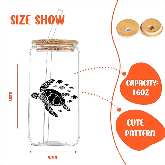 Cute Turtle Glass Cup With Lids And Straws, Turtle Gift For Women, IIced, Coffee, Smoothie, Cocktail, Beer, Whiskey, Soda, Matcha,16 Oz, Home Office Table Desk Decoration!