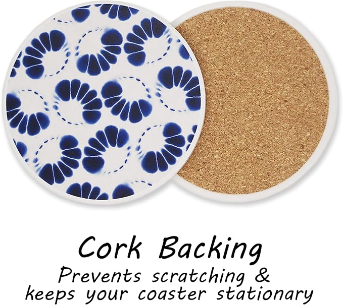 AD Set of 6 Coasters for Drinks Absorbing Round Ceramic Stone Coaster with Cork Base,Tabletop Protection Mat for Mugs and Cups,Office,Kitchen (Shibori with Holder)