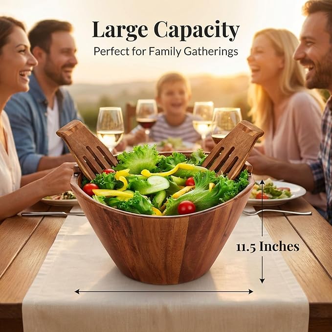 Night Tree Large wooden salad bowl with serving forks mixing, wood salad bowl set for food or fruits, magnetic utensils fit for 6–8 servings, ideal to family meals or as a unique gift