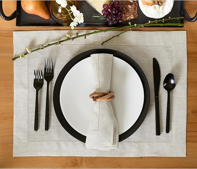 Solino Home Light Natural Linen Napkins Set of 6-100% Pure Linen Hemstitch Dinner Napkins 20 x 20 Inch for Spring, Easter - Classic Hemstitch