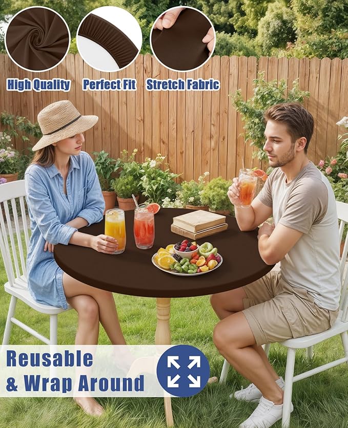 Round Spandex Tablecloth 2 Pack, Elastic Fitted Waterproof Tablecloths for 36"-44" Tables, Stretch Washable Picnic Table Cover for Camping, Dining, Indoor and Outdoor, Coffee