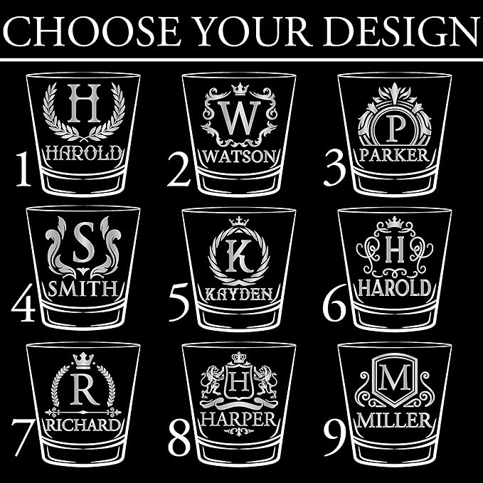 Customization Mill Single, Monogrammed Whiskey Rocks Glasses w/Name & Initial - Whiskey Gifts for Men - 9 Designs - Personalized Bourbon Whiskey Glasses