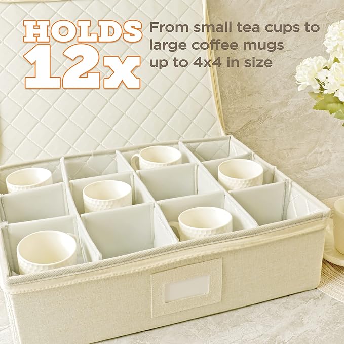 storageLAB Cup and Mug Storage Containers, Hard Shell Storage Case with Felt Dividers for Cups, Mugs, Dishes, and Glasses, Ideal for Kitchen Organizing and Moving Supplies - 1 Pack, Cream