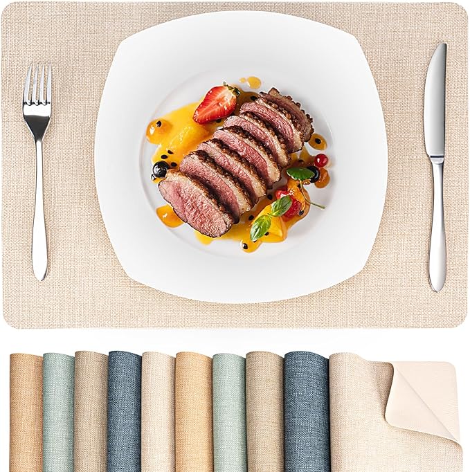 Heat Resistant Placemats Set of 6, 17x12in Waterproof Wipeable Faux Leather Non Slip Table Mats, Easy to Clean, Stain Resistant, for Kitchen Dining Room– Ivory Beige