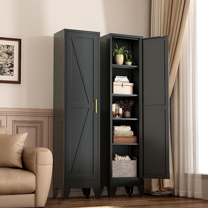 Narrow Metal Cabinet with 4 Adjustable Shelves and Barn Doors,Tall Bathroom Storage Cabinet, Metal Pantry Organizer for Kitchen,Home Office, Dining Room,Black
