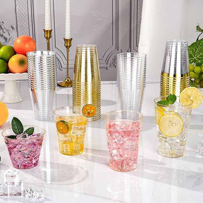Goodluck 9 oz 200 PCS Gold Glitter Plastic Cups, Disposable Glitter Cups, Elegant Plastic Cocktail Glasses, Fancy Party Cups for Wedding, Birthday, Holiday