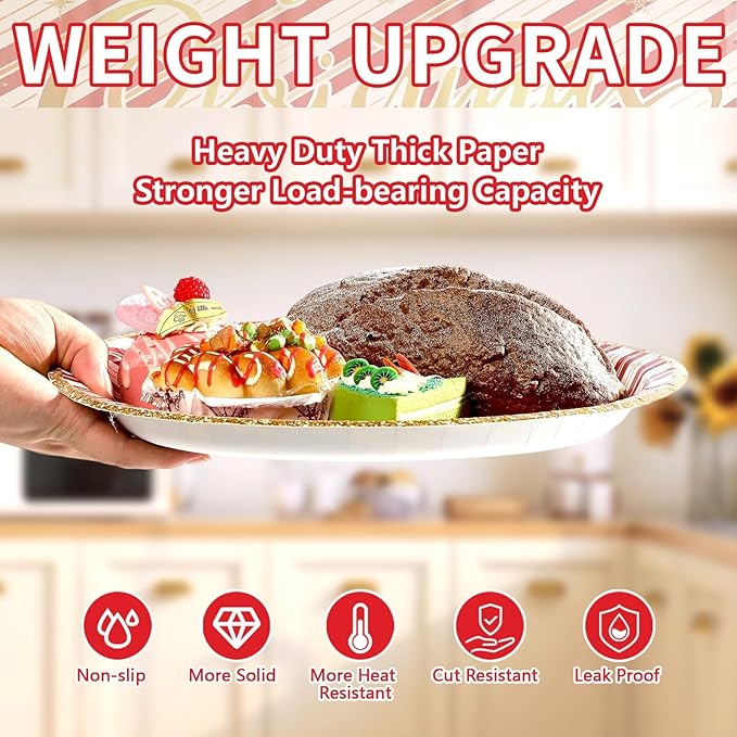 50Pcs Christmas Oval Paper Plates 10" x 12" Large Disposable Heavy Duty Red and Gold Stripe Paper Platters Red Gold Xmas Party Platter for Merry Christmas Holiday New Year Dinner Party Supplies