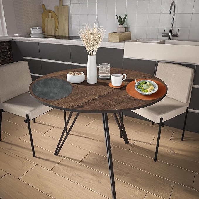 Round Placemats and Coasters Set of 8, Washable Reversible Faux Leather Placemats Cowhide Pattern Place Mats Wipeable Non-Slip 15 inch Round Kitchen Dining Table Mats (Gray Brown, 8)