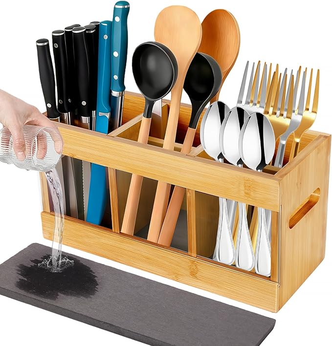 Kitchen Utensil Holder for Countertop Bamboo Large Cooking Utensil Holder Silverware Caddy Organizer with 6 Removeable Compartments for Party Home Farmhouse