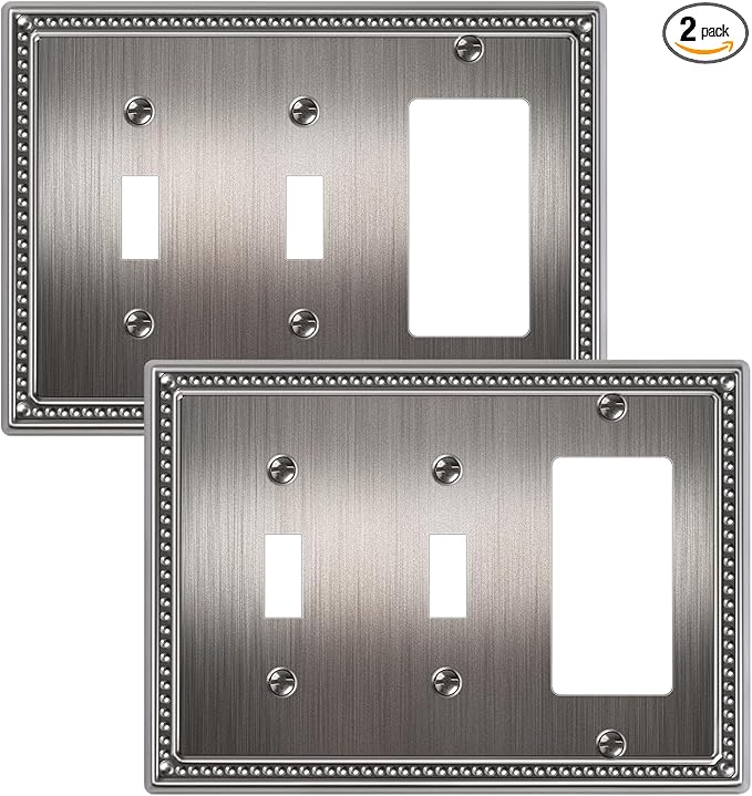 2-Pack Combo Decorator/Double Toggle Light Switch Cover Plate, Antique Silver Pearls Decorative Switch Plates and Outlet Covers, Metal Wall Plates for Electrical Outlets