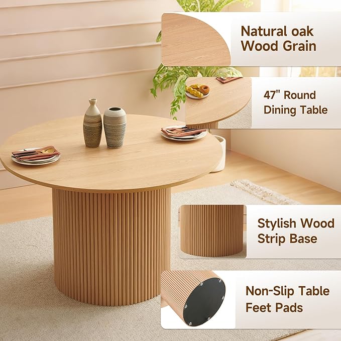 Howtek 5-Piece Modern Dining Room Set, 47" Round Dining Table and 4 Space-Saving Upholstered Stackable Dining Chairs, Kitchen Table and Chairs Set for Home, Kitchen, Living Room (Oak/White)