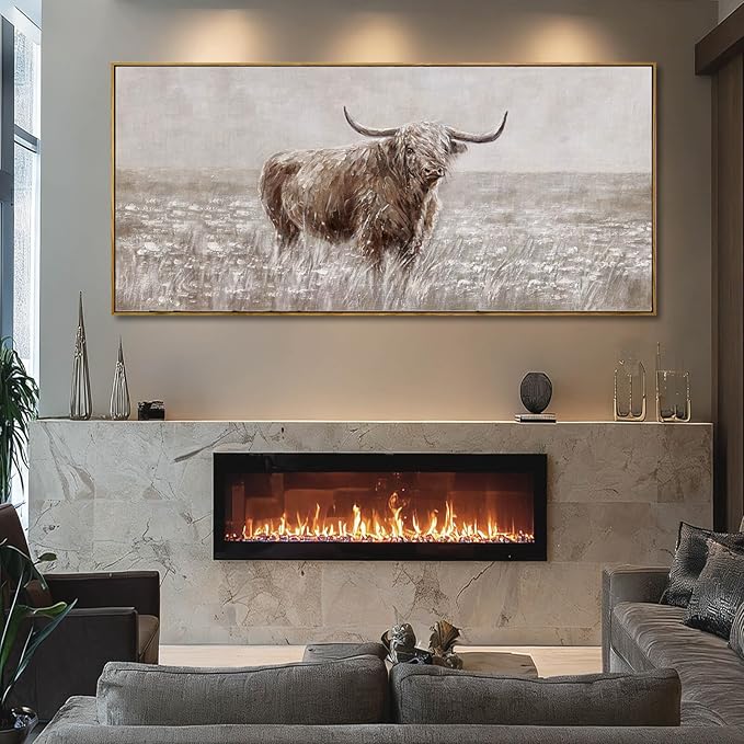 Extra Large Brown Highland Cow Canvas Wall Art with Framed Rustic Farmhouse Animal Posters Pictures Modern Country Style Wall Decor for Living Room Bedroom Office 40x88 Inch