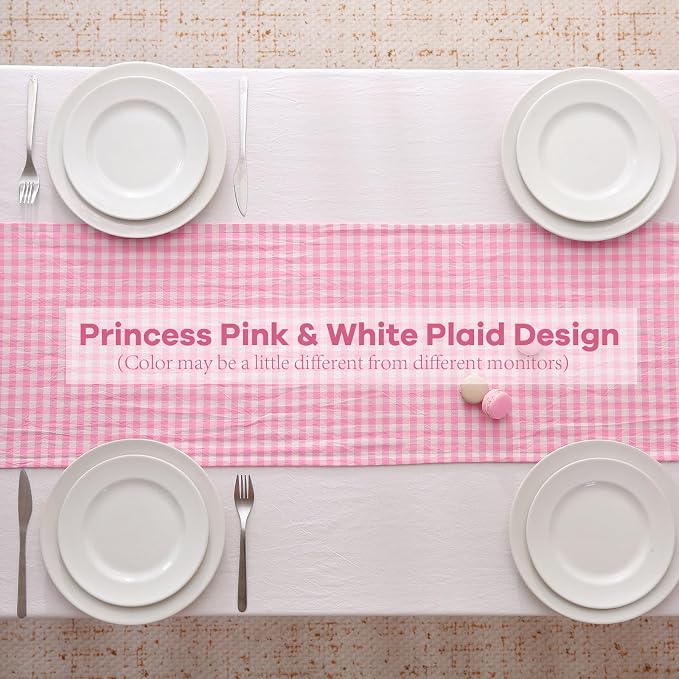 Pink White Plaid Gingham Ruffle Table Runner 108 inches Long 100% Washed Cotton - Image 4