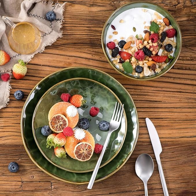 vicrays Ceramic Round Dessert Salad Plates - 8 Inch, Set of 6, Microwave, Oven, and Dishwasher Safe, Scratch Resistant, Porcelain Fluted Suitable for Snacks, Appetizer, Home, Party (Green)