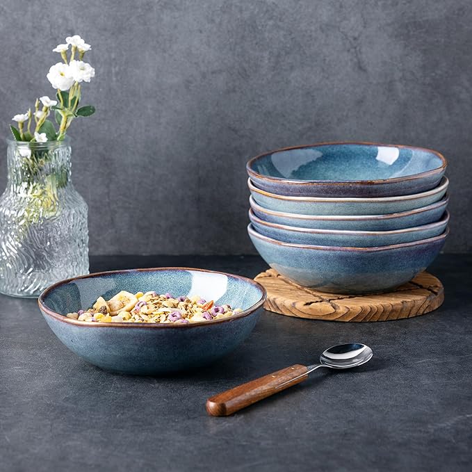 AmorArc Ceramic Cereal Bowls Set of 6, 24 oz Handmade Stoneware Bowls for Cereal Soup Salad Bread, Stylish Kitchen Bowls for Meal, Dishwasher & Microwave Safe-Ceylon Blue