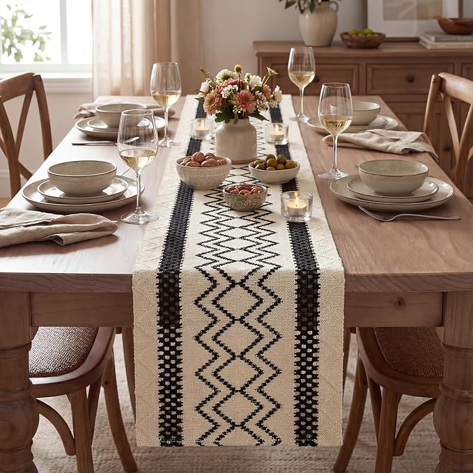 Artoid Mode Black Stripe Diamond Woven Table Runner 12x108 Inch | Holiday - Image 2