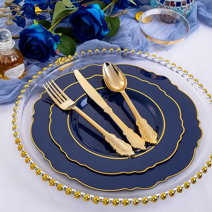 Liacere 350PCS Navy Blue Plastic Plates-Disposable Blue Gold Plates 50guest Plastic Dinnerware include 100Plates,50Pack Pre Rolled Napkins with Silverware 50Cups for Martin Luther King Jr