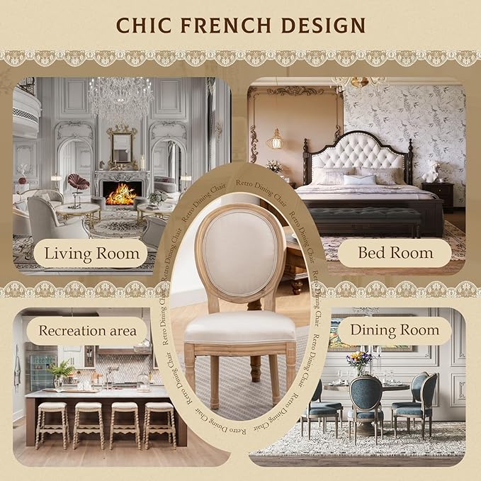 SoarFlash French Dining Chairs Set of 4, Vantage Dining Chair with Round Back, Farmhouse Country Dining Chair for Kitchen,Bedroom,Beige
