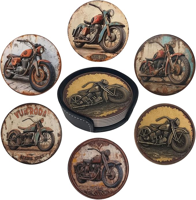 Retro Motorcycle Coasters for Drinks with Holder Round Leather Coasters Set of 6 Cups Mugs Mat Pad for Home Kitchen Bar