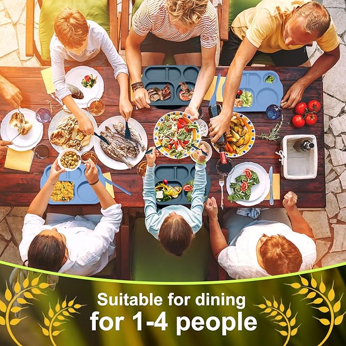 Tanlade 24 Pcs Wheat Straw Dinnerware Cutlery Sets, Divided Plates Unbreakable Bowl Microwave Dishwasher Safe Tableware Cutlery Spoon Knife Fork Cup(Dark Blue, Dark Green, Blue, Green)
