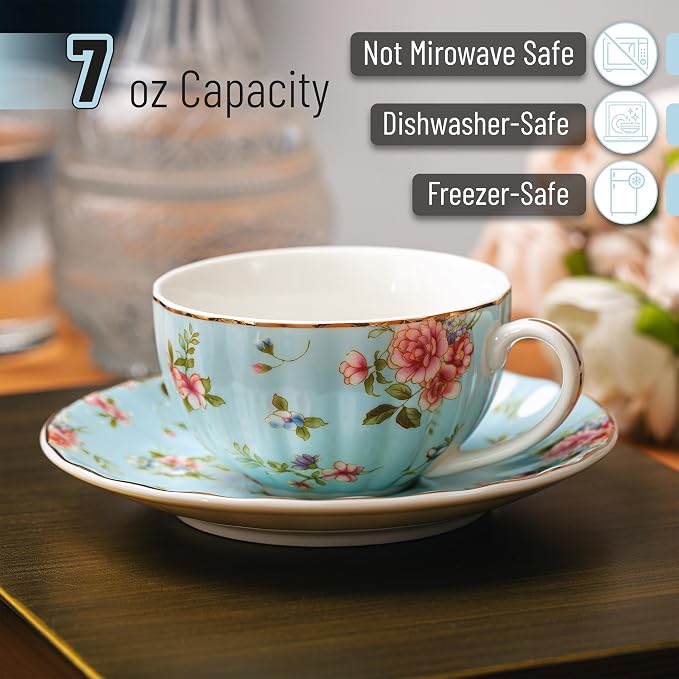 BTaT- Floral Tea Cups and Saucers Set of 6, Porcelain Tea Cups Set of 6 - Image 3