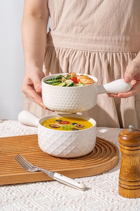 20oz Ceramic Soup Bowls with Handle, Set of 4,Textured Embossed Stoneware for Chili, Stew, Cereal,Microwave & Dishwasher Safe, Rustic Dinner Bowls for Home Kitchen