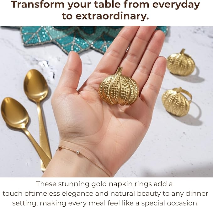 CLEENTABLE Napkin Rings Set of 12 - Pumpkin Elegant Napkin Holders Modern Serviette Buckles Metallic Adornment for Table Settings for Thanksgiving, Fall, Halloween & Holiday (Antique Gold)