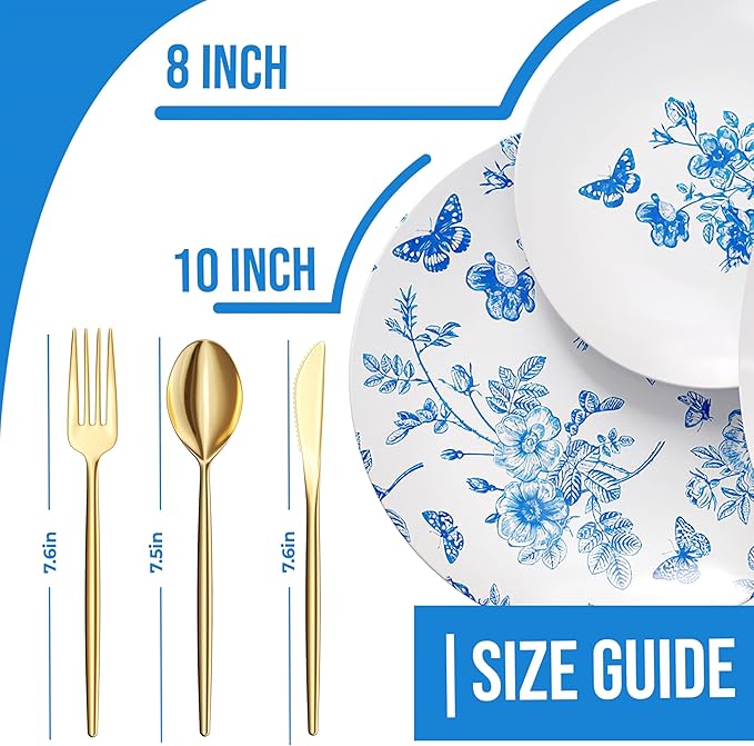 Trendables Fancy Plastic Dinnerware Sets 200 Pc Set 40 Guests Gold Silverware Disposable 40 X 10 Inch Charger Plates 40 X 8 Inch Dessert Plates 40 x Gold Plastic Forks and Spoons Knives In Botanical