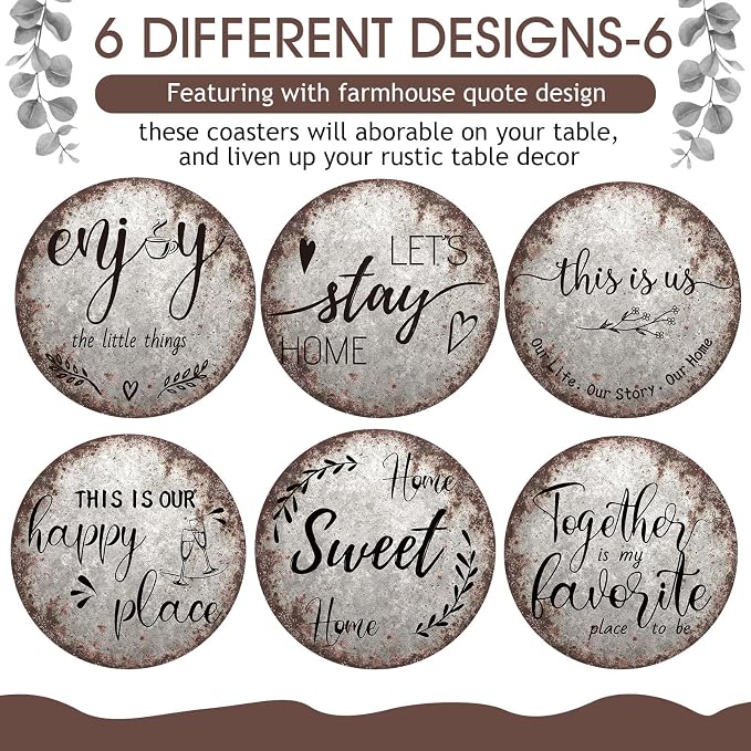 Queekay Coasters Set of 6 House Warming Gifts New Home Wooden Farmhouse Drink - Image 4