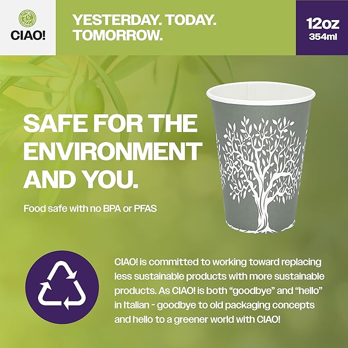 CIAO! 12oz Paper Hot Cup, Rooted Olive Print, (Case of 1,000)