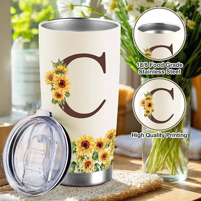 Sunflower Gifts for Women - Personalized Christmas Gifts for Women - Birthday Gift for Woman - Mothers Day Gift for Mom - Monogrammed, Initial 20oz Travel Cup Insulated Tumbler with Lid, C