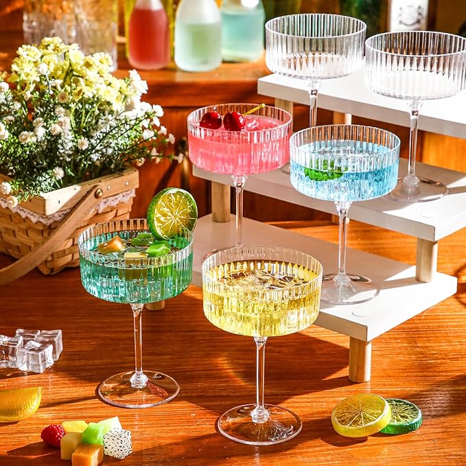 12 Pcs Ribbed Martini Glasses 10 oz Disposable Plastic Vintage Ribbed Coupe Glasses Unbreakable Dessert Parfait Glassware for Wedding Birthday Party Supplies (Clear)