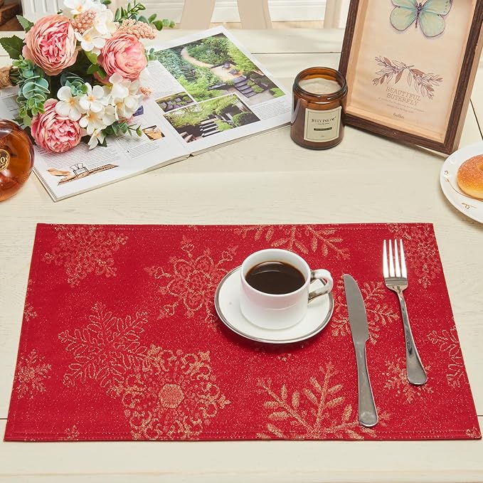 Cloth Place Mats Set of 8–Reusable Rectangular Waterproof Fabric Polyester Washable Wipeable Heat Resistant Jacquard Sparkling Metallic Snowflake for Kitchen Table(Red Gold/13x19 Inch)