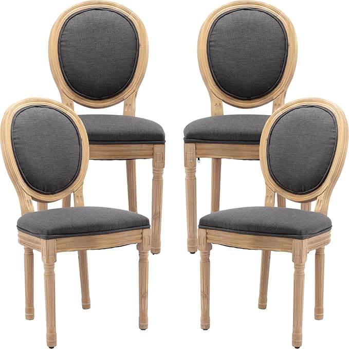 Vintage French Dining Chairs Set of 4, Round Back Accent Chairs with Linen Seat and Solid Wood Frame, Farmhouse Sillas de Comedor Upholstered for Dining Room & Kitchen, Gray