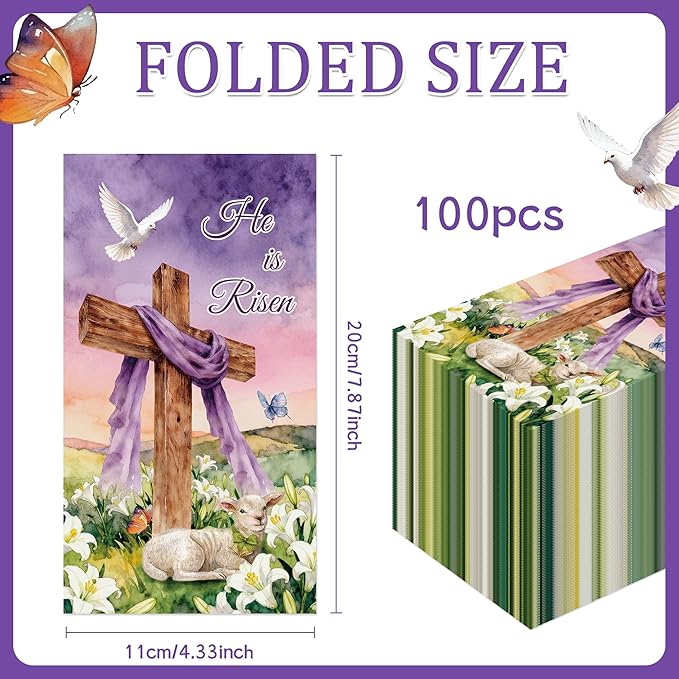 Purple Easter Paper Napkins - 100 Pcs He is Risen Happy Dinner Disposable Party Decorations Sets Bulk Cross Religious Decorative Guest Supplies Decor Hand Towels for Bathroom Home 7.9 x 4.3 In