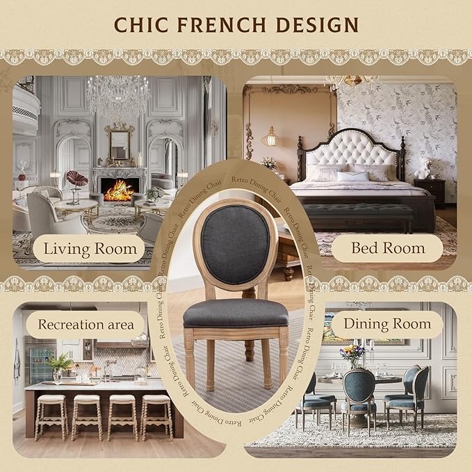 SoarFlash French Dining Chairs Set of 2, Vantage Dining Chair with Round Back, Wood Leg Farmhouse Country Dining Chair for Kitchen,Bedroom,Deep Grey