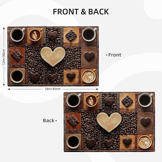 Coffee Placemats Set of 4, Cafe Table Mats, Washable Place Mats for Coffee Bar Home Party Indoor Kitchen Dining Table Decoration 12x18 Inch