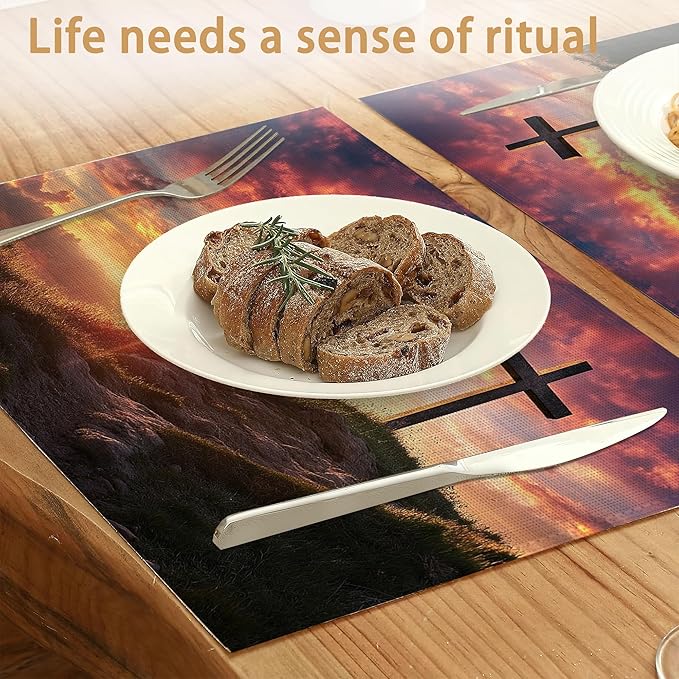 Cross Placemats Set of 6,Sunset Table Mates Non-Slip Heat Resistant Washable Linen Place Mats for Party Kitchen Dining Decoration Indoor Outdoor 12"x18"