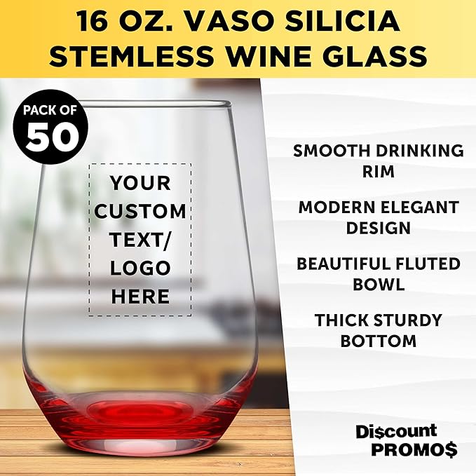 DISCOUNT PROMOS 50 Vaso Silicia Stemless Wine Glasses Set, 16 oz. - Personalized Text, Logo - Clear, Orb-Like, Thick base - Red