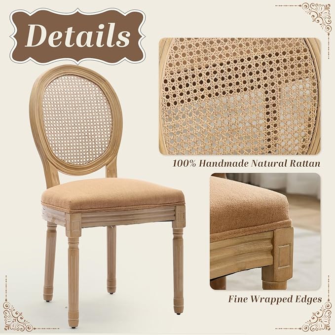 SoarFlash French Dining Chairs Set of 4, Vantage Dining Chair with Round Back, Wood Leg Farmhouse Country Rattan Dining Chair for Kitchen,Bedroom,Brown