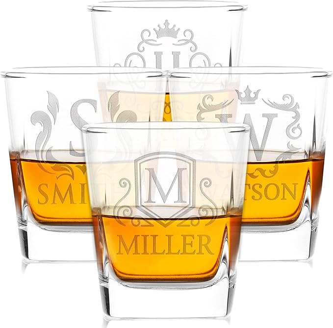 Customization Mill Set of 4, Monogrammed Whiskey Rocks Glasses w/Name & Initial - Whiskey Gifts for Men - 9 Designs - Personalized Bourbon Whiskey Glasses