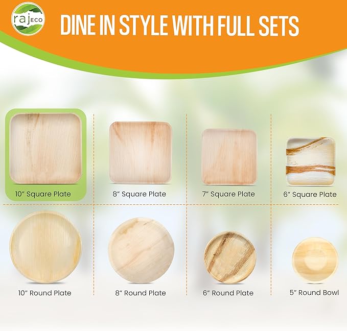 Raj Eco Compostable Palm Leaf Plate Like Bamboo Plates Disposable - 10 Inch Square 100 Party Plates, Natural Wooden, Eco-Friendly, Fancy Biodegradable & Disposable Wedding Picnic Plate