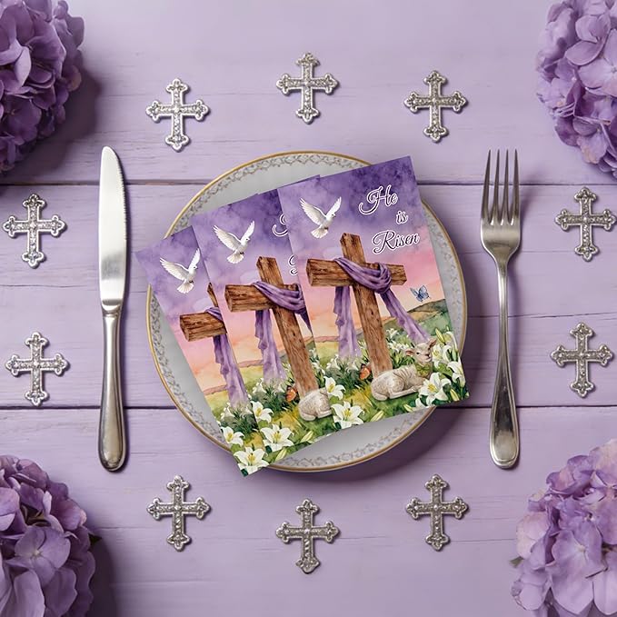 Purple Easter Paper Napkins - 100 Pcs He is Risen Happy Dinner Disposable Party Decorations Sets Bulk Cross Religious Decorative Guest Supplies Decor Hand Towels for Bathroom Home 7.9 x 4.3 In