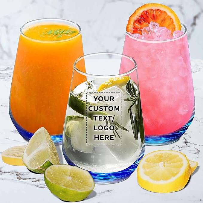 DISCOUNT PROMOS 10 Vaso Silicia Stemless Wine Glasses Set, 16 oz. - Personalized Text, Logo - Clear, Orb-Like, Thick base - Blue