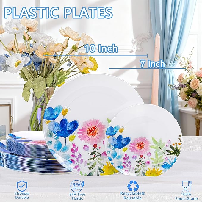 DaYammi 20Pcs Wildflower Plastic Plates-Floral Plastic Plates Disposable Heavy Duty,Fancy Floral Pattern Perfect for Wedding,Holidays - 10.25" Dinner Plate,7.5" Dessert Plate for Party Valentine's Day