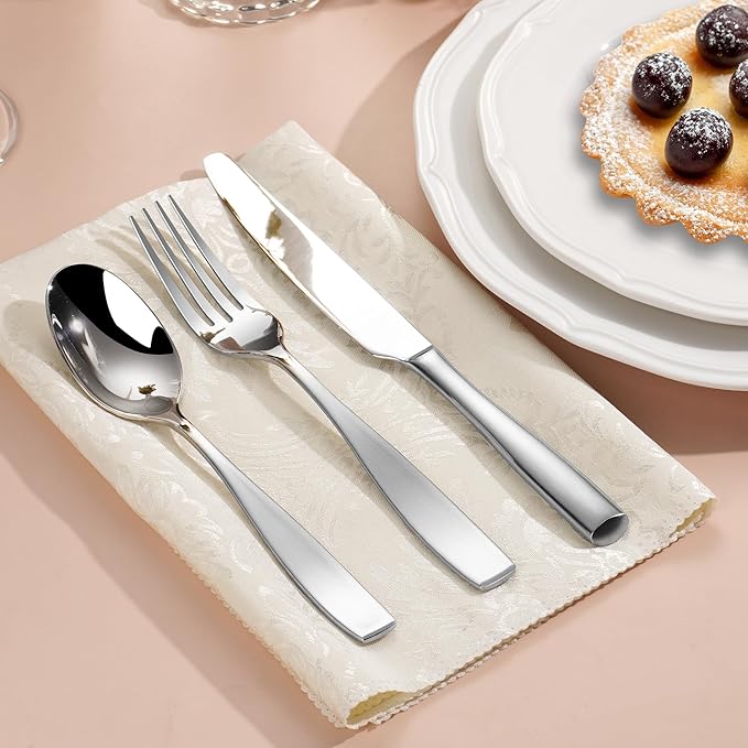 65-Piece 18/10 Stainless Steel Flatware Set for 12, Heavy Duty Silverware Set, Flatware Set with Serving Utensil, High End Mirror Polish and Satin Handle, Dishwasher Safe, Ideal for Gift