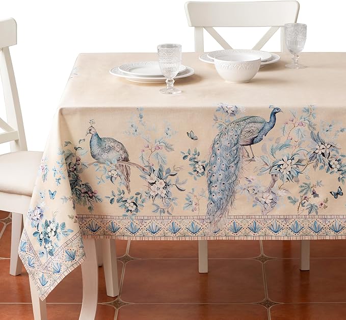 Maison d' Hermine Premium Table Cloth Rectangle Table 100% Combed Cotton 108 x 70 Inches Tablecloth Reusable Decorative for Dining Room, Home, Party, Festive & Wedding - Peacock Utopia - Sandy Beach